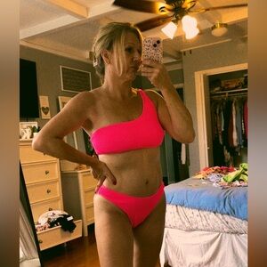 Vibrant Pink Textured One-Shoulder Bikini